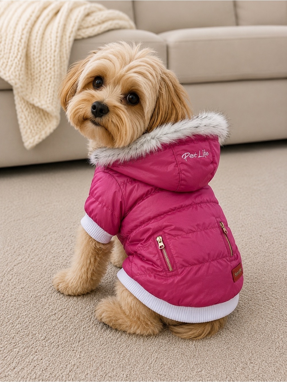 𝅺SMALL dog pink Thinsulate Puffer faux fur lined hooded jacket coat Sz S pet